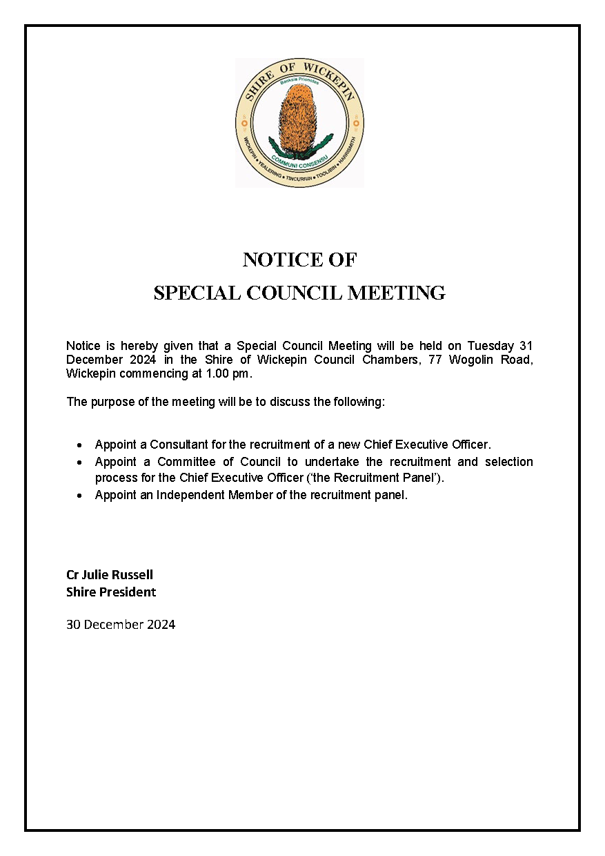 Notice of Special Council Meeting